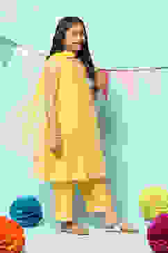 Yellow Nylon Gathered Embroidery Kurta Palazzo Suit Set image number 2