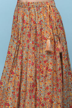 Orange Cotton Straight Printed Kurta Skirt Suit Set image number 2