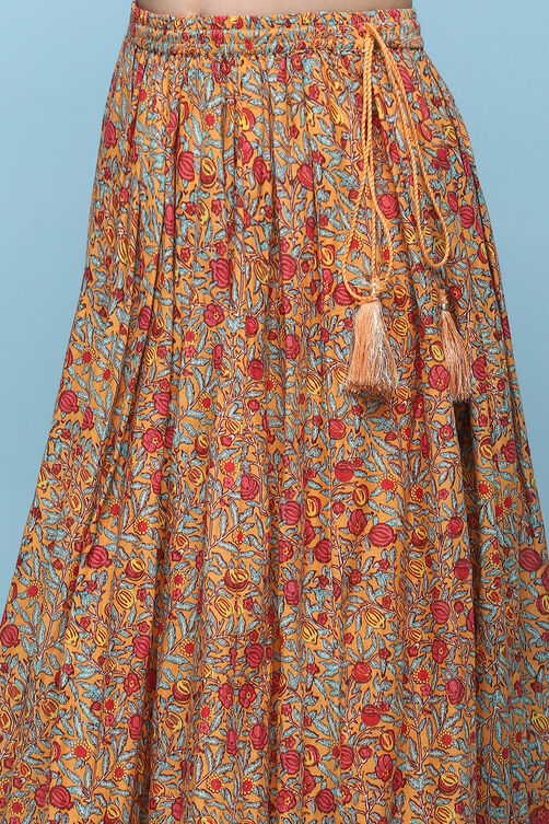 Orange Cotton Straight Printed Kurta Skirt Suit Set image number 2