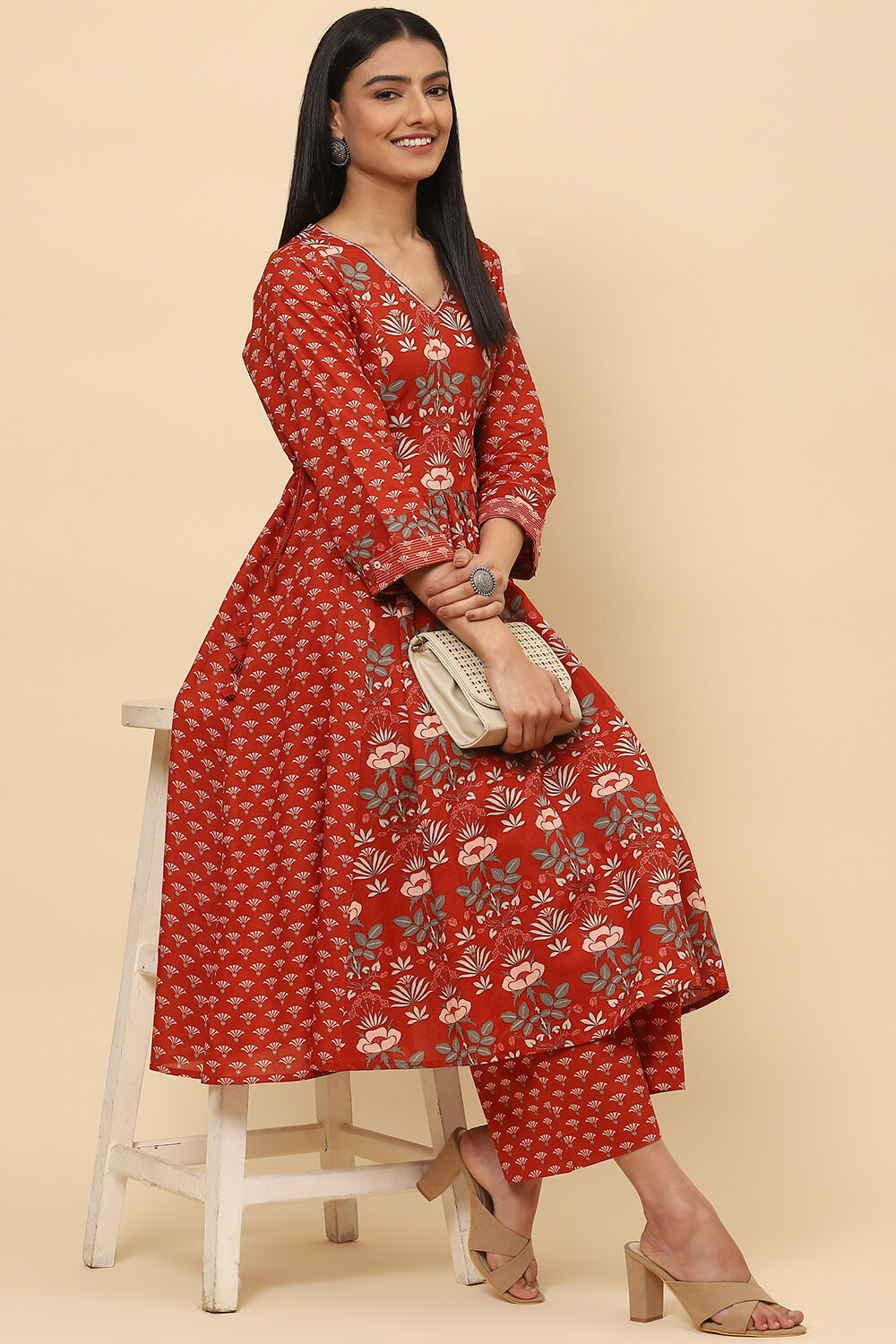 Black Cotton Flared Kurta Set image number 6