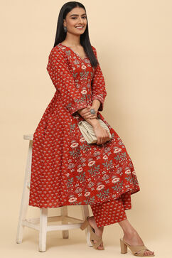 Rust Cotton Flared Kurta Set image number 6