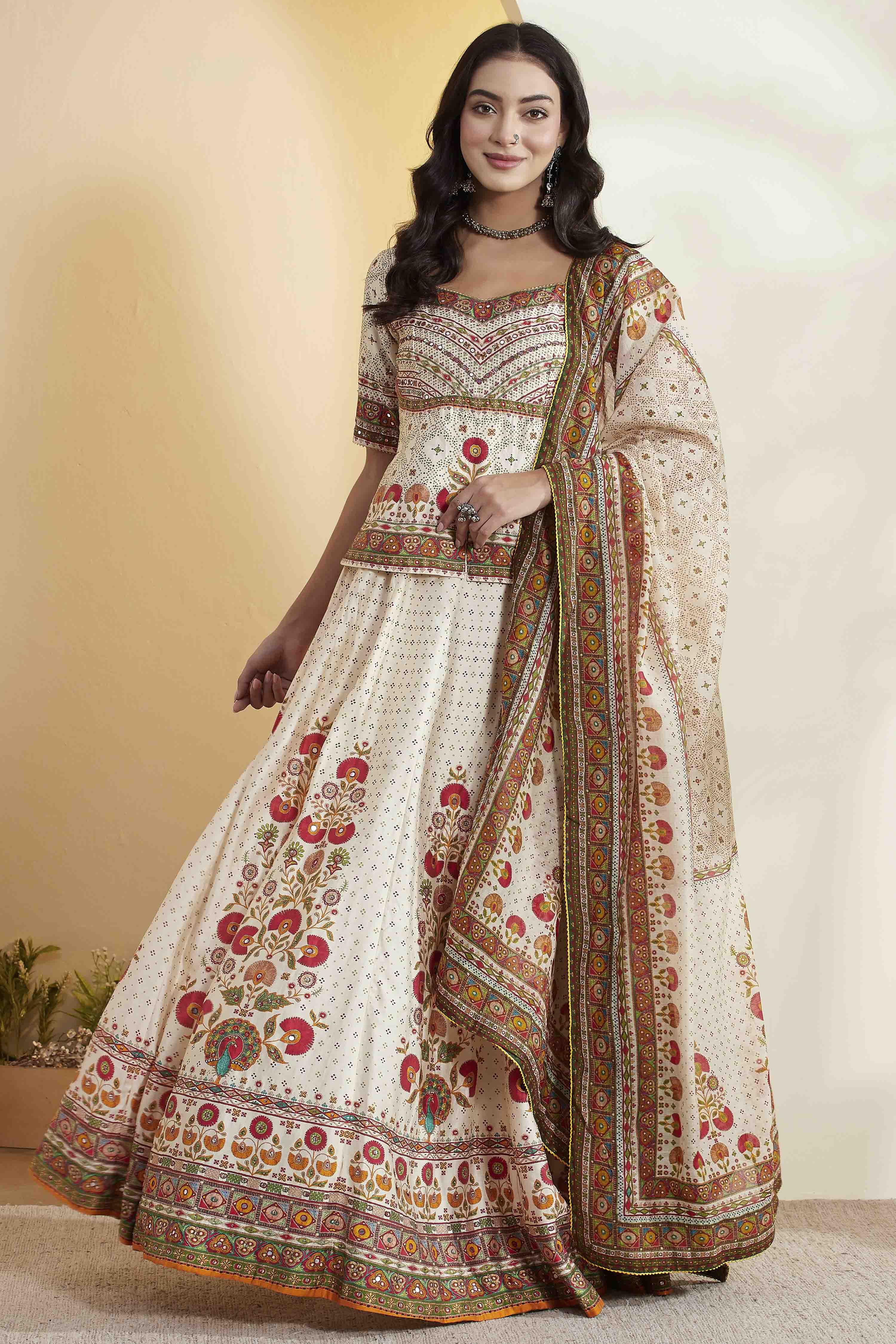 Navy Blue Cotton Silk Printed Lehenga Set image number 7