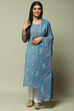 Indigo Cotton Machine Embroidered Unstitched Suit Set image number 0