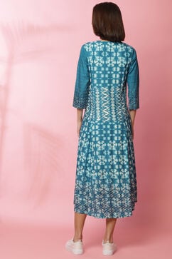 Turquoise Rayon A-Line Printed Dress image number 6