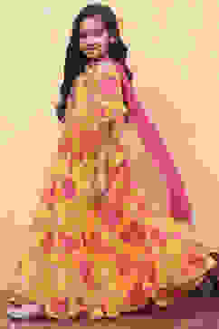 Yellow and Pink Georgette Floral Flared Lehenga Set image number 3
