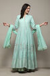 Aqua Blue Cotton Anarkali Kurta Lehenga Set image number 0
