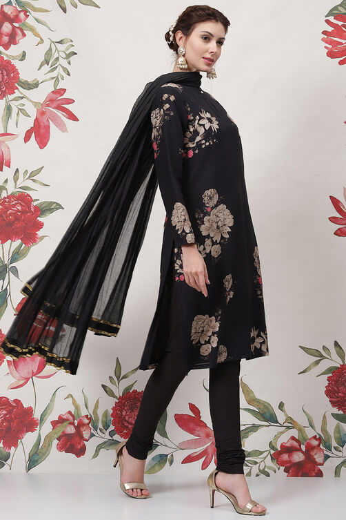 Rohit Bal Black Cotton Silk Straight Printed Suit Set image number 6