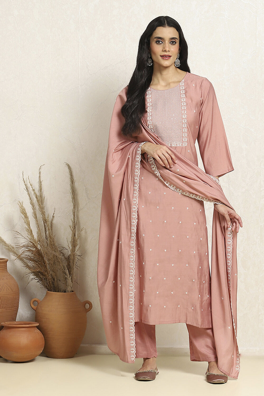 Green Silk Blend Machine Embroidered Unstitched Suit Set image number 1