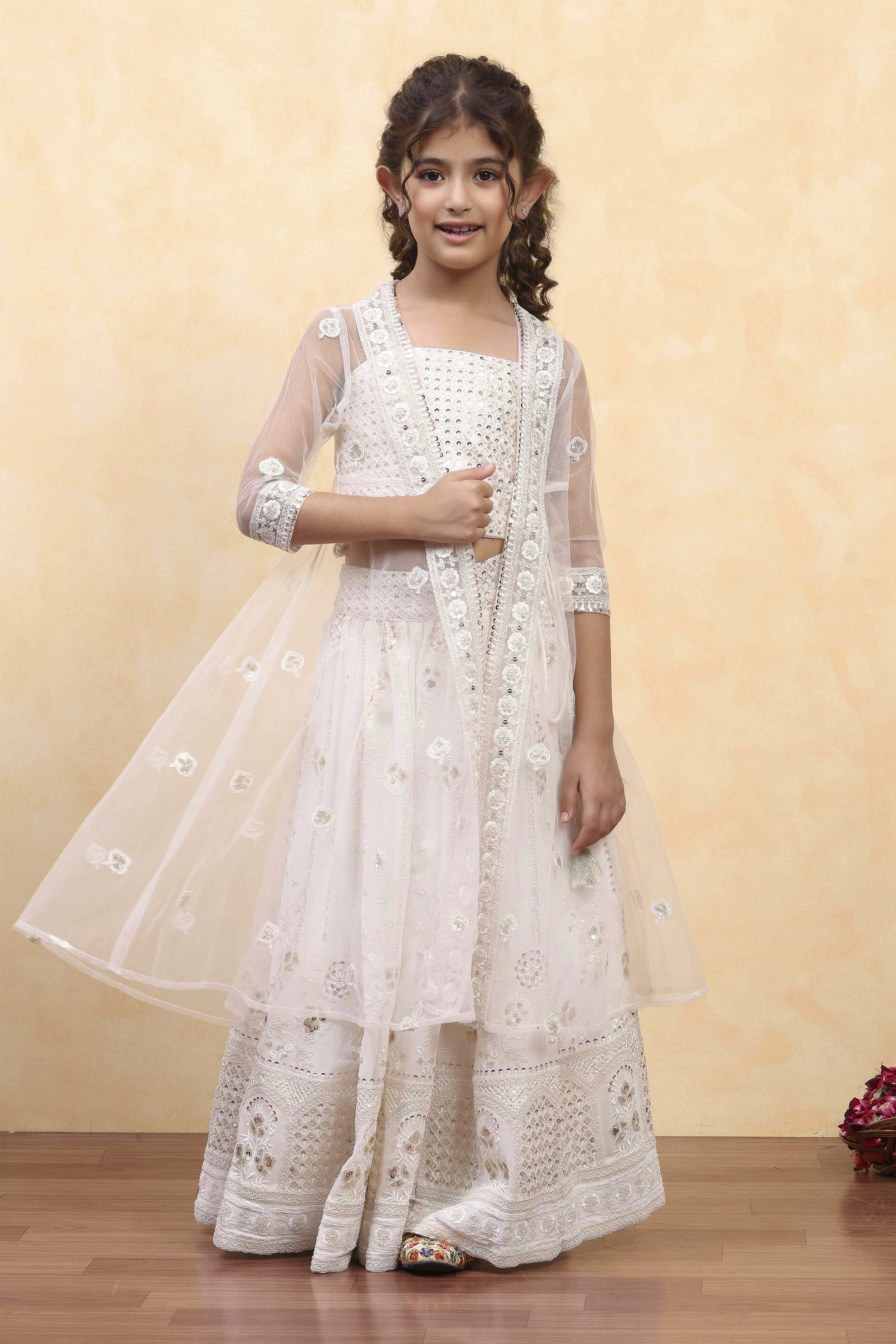 White Polyester Dyed Kalidar Lehenga Set image number 0