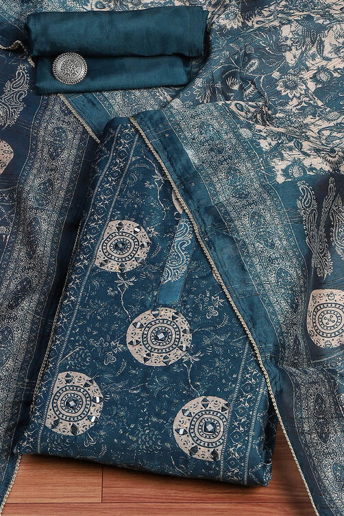 Beige Chanderi Printed Unstitched Suit Set image number 0