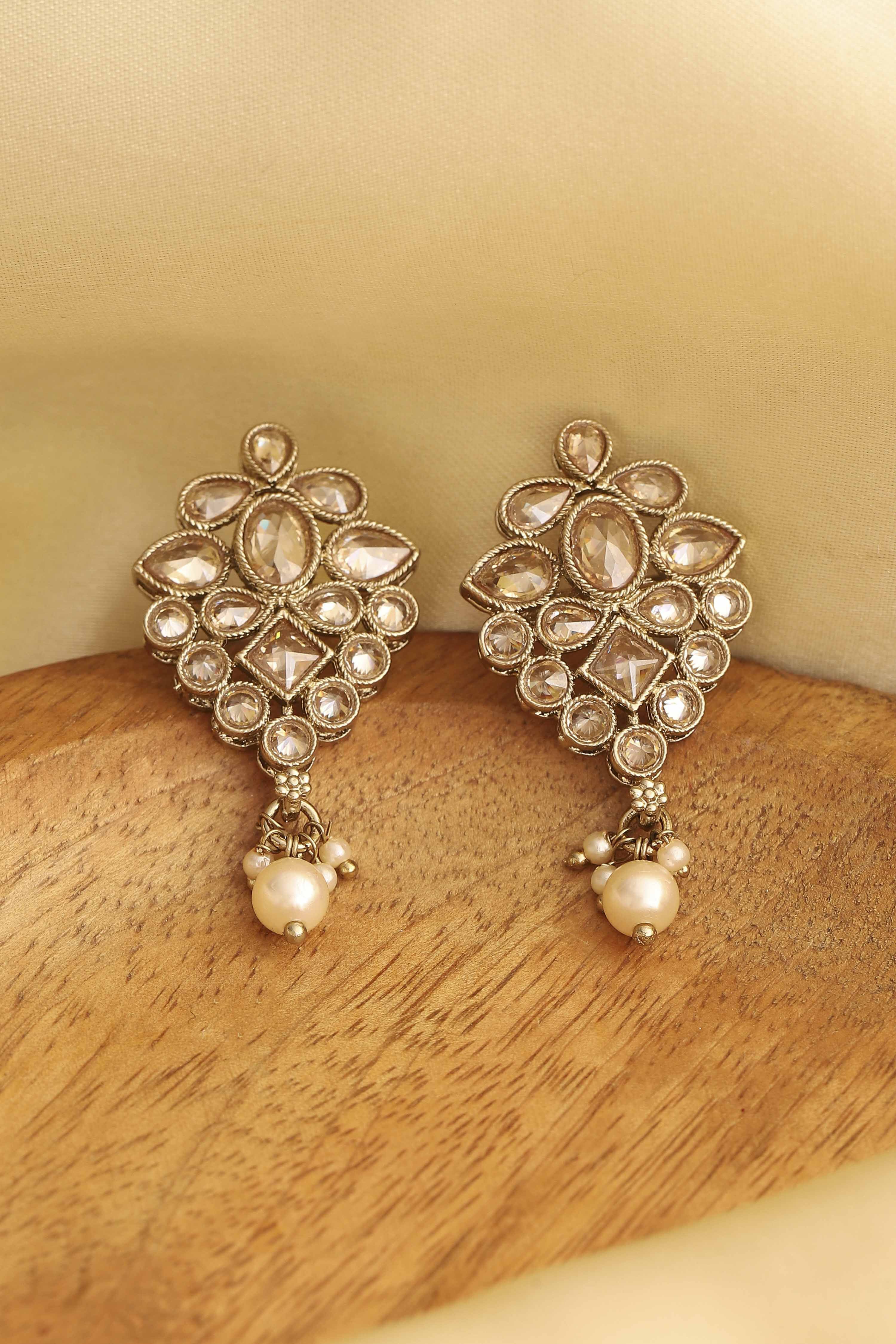 Champagne Gold Plated Alloy Studded Drop Earrings image number 0