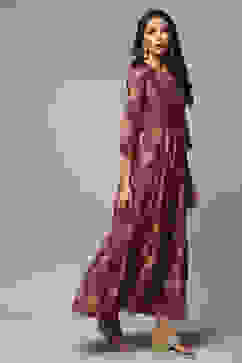 Purple Cotton Blend Tiered Printed Dress image number 4