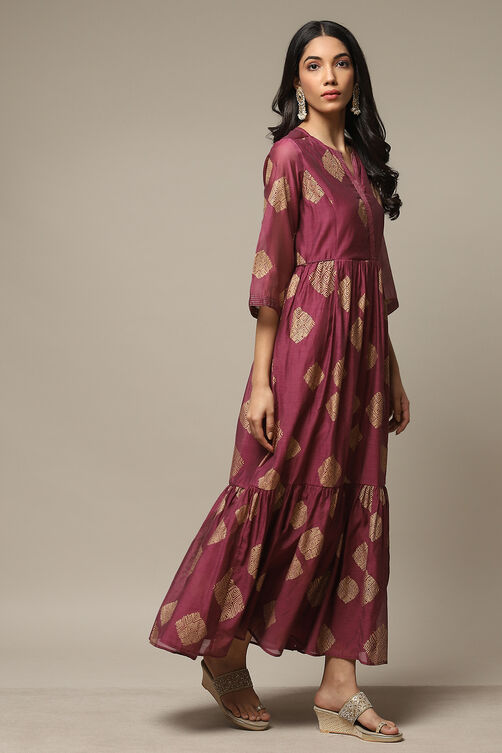 Golden Yellow Cotton Blend Tiered Printed Dress image number 4
