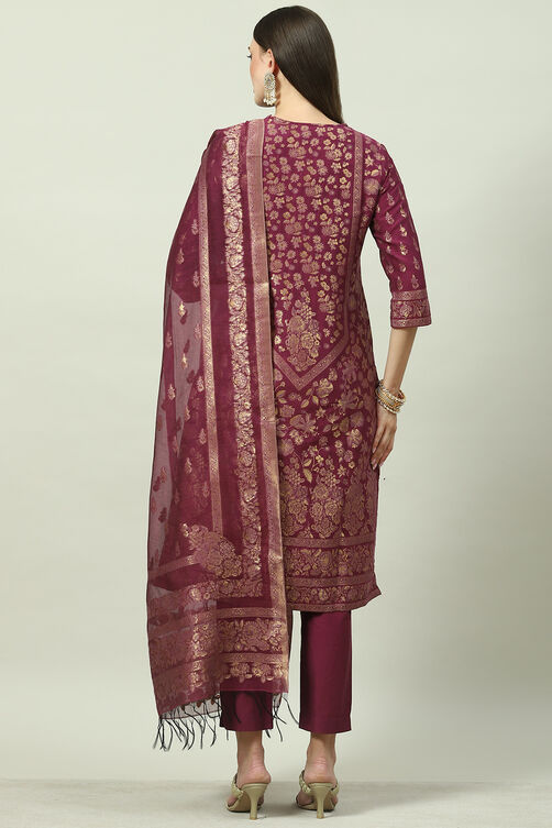 Plum Art Silk Straight Kurta Slim Pants Suit Set image number 4