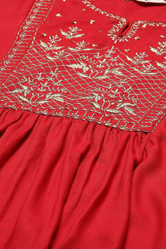 Red Rayon Gathered Kurta Pants Suit Set image number 1