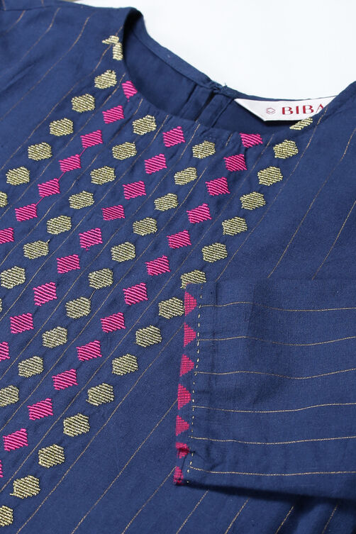 Navy Blue Metallic Cotton Straight Kurta Palazzo Suit Set image number 1