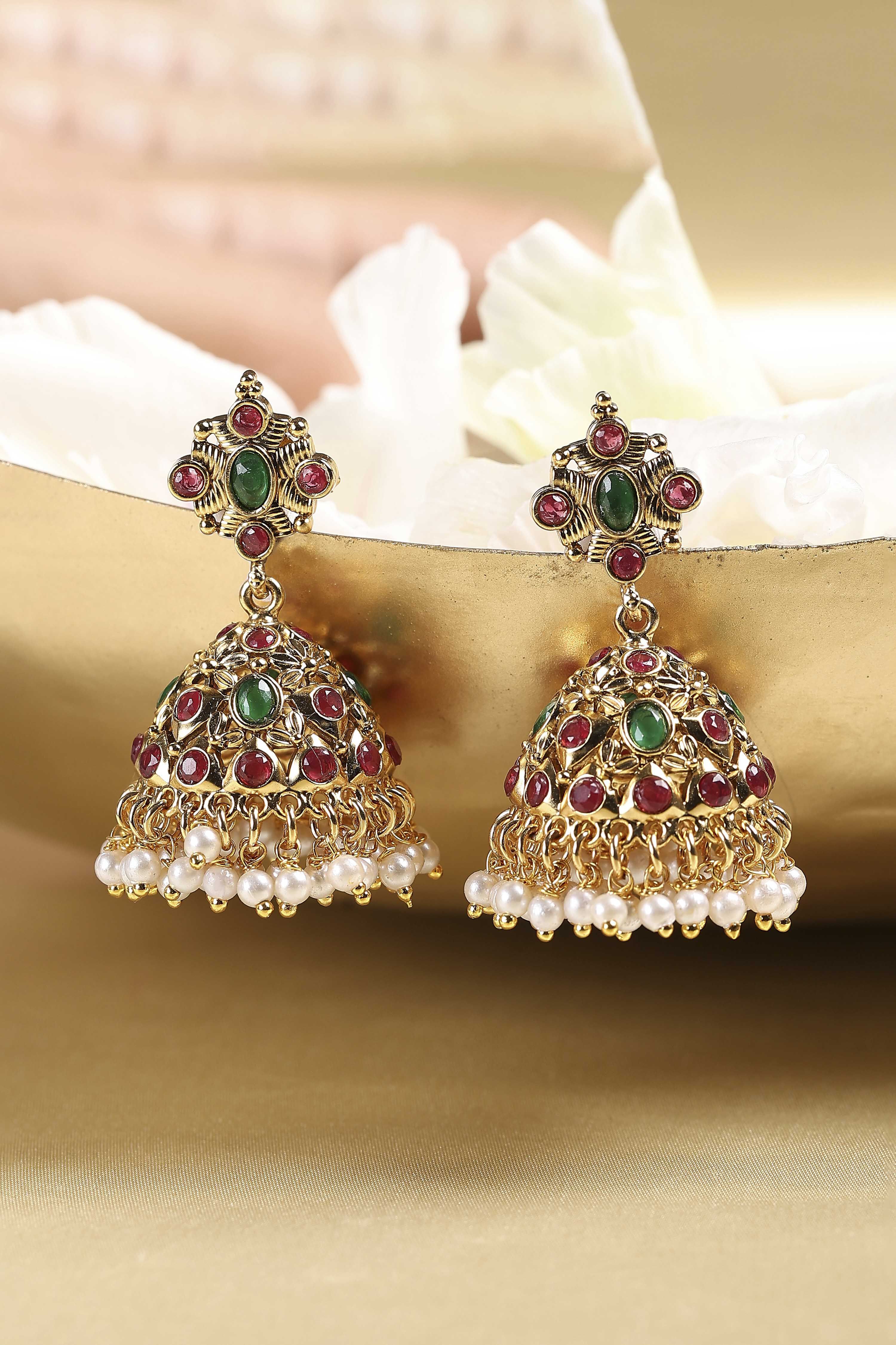 Multicolour Gold Plated Brass Studded Jhumkas image number 0