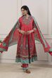 Red Cotton Floral Motifs Kalidar Suit Set