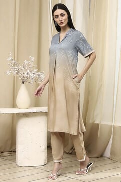 Grey Beige Viscose Rayon Straight Printed Fusion Set image number 3