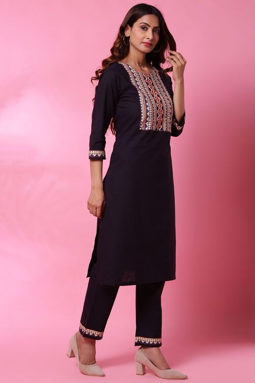 Black Cotton Kurta Pants Set image number 3