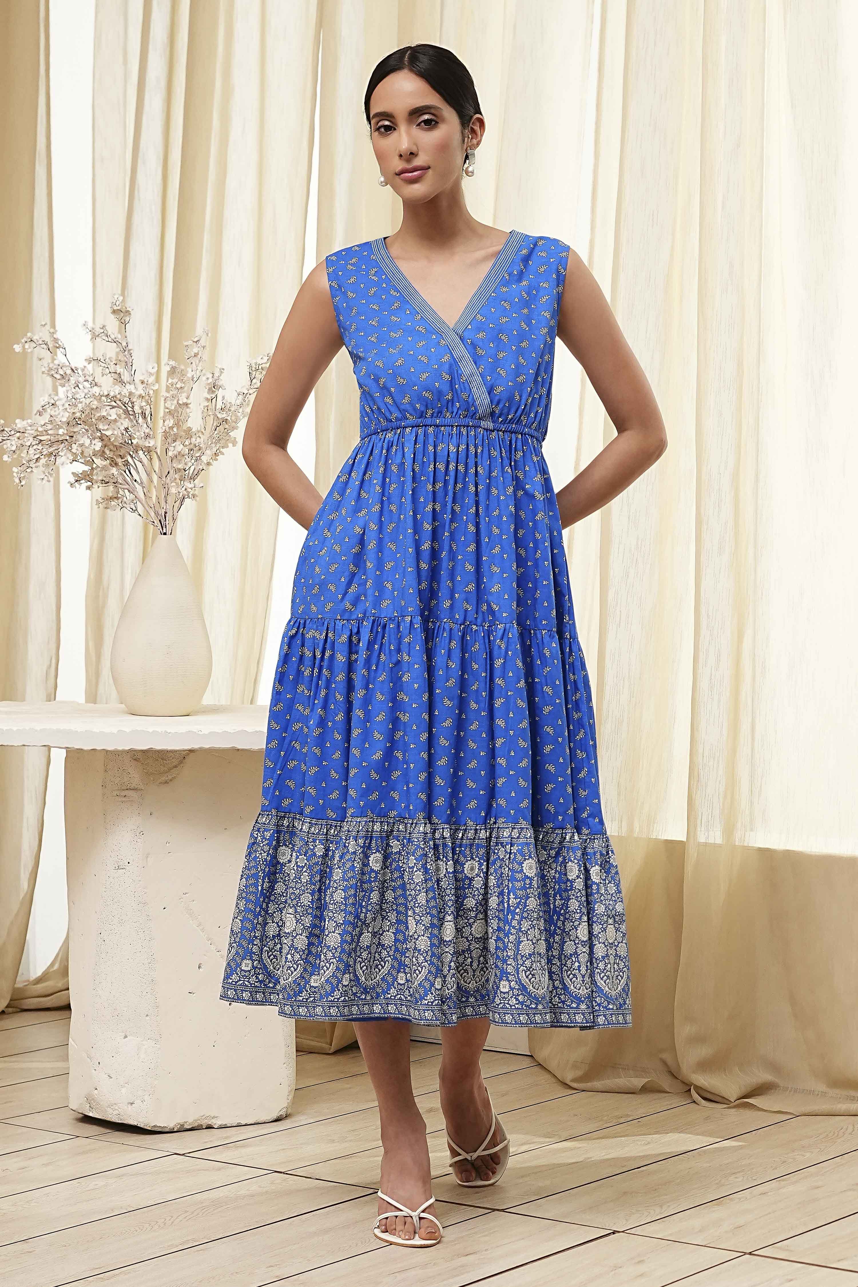 Blue Cotton Printed Tiered Dress image number 5