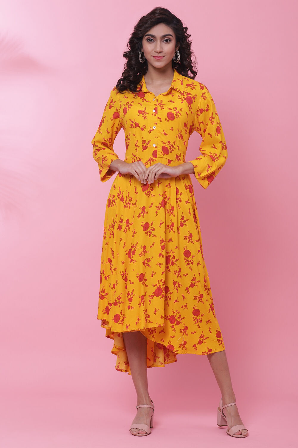 Mango Yellow Rayon Flared Printed Dress