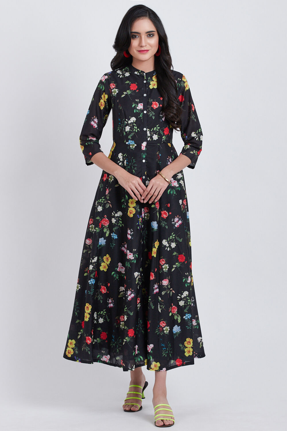 Black Poly Cotton Flared Dress