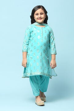 Turquoise Cotton Straight Printed Kurta Patiala Salwar Suit Set image number 7