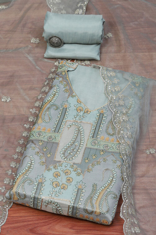 Grey Organza Unstitched Suit Set image number 0