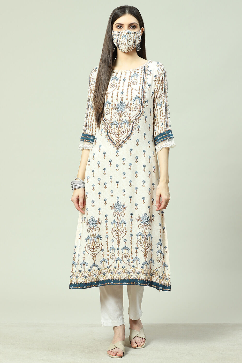 Ecru LIVA Straight Printed Kurta image number 6