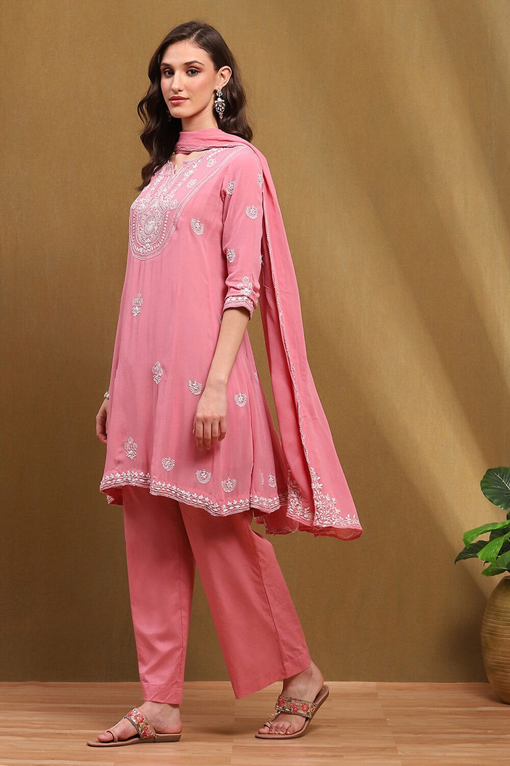 Pink Embroidered Kalidar Suit Set image number 3