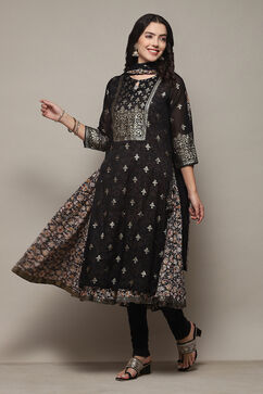 Black Poly Modal Layered Printed Kurta Churidar Suit Set image number 0