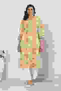 Off-White and Yellow Cotton Printed Straight Kurta image number 5