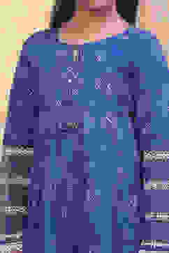 Blue Cotton Printed Flared Festive Tiered Suit Set image number 1