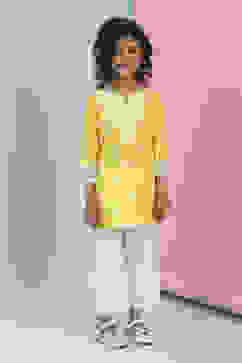 Yellow and White Cotton Printed Kurta Set image number 6