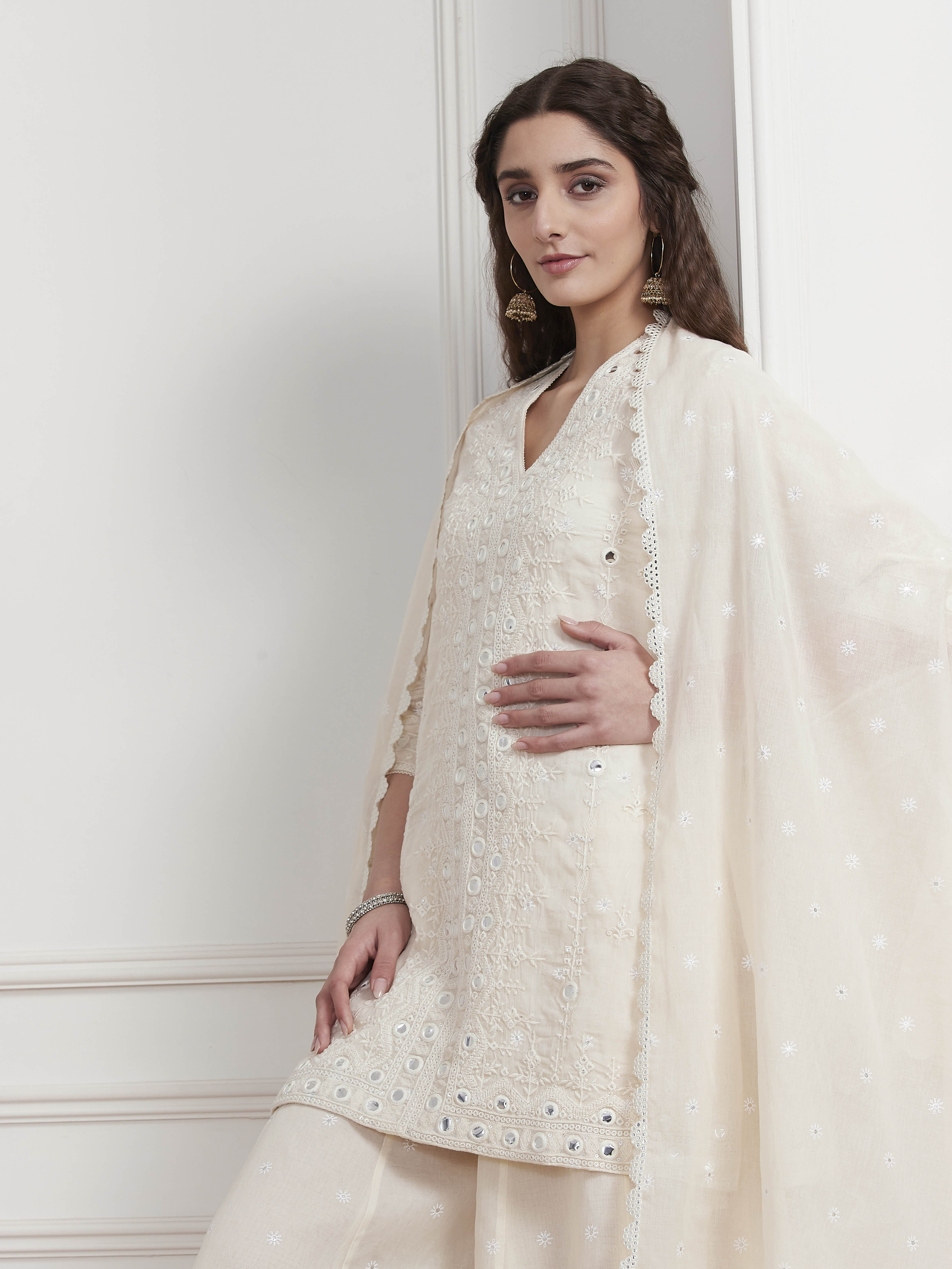 Ecru Cotton Embroidered Straight Sharara Suit Set image number 9