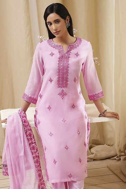 Pink Embroidered Straight Suit Set image number 7