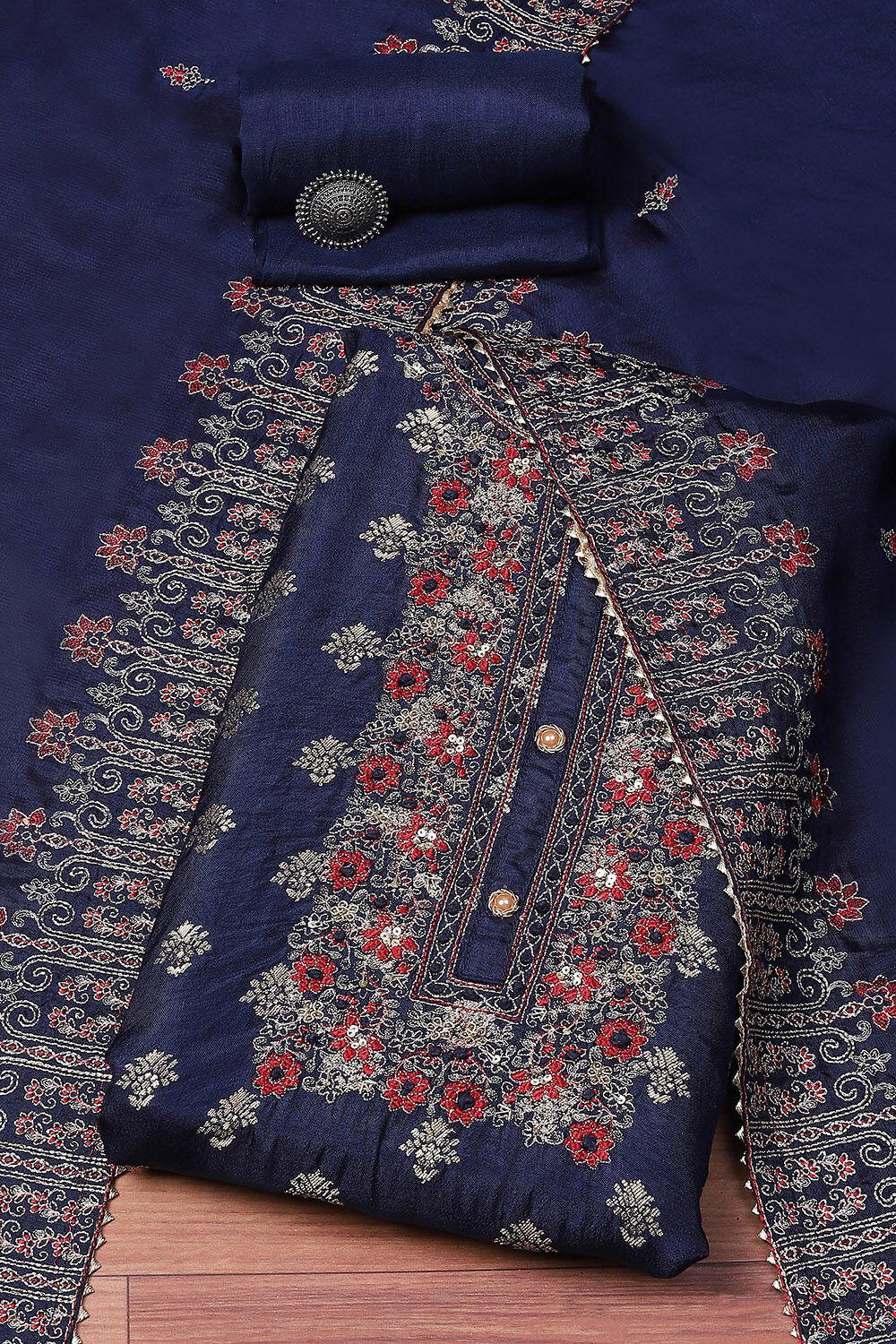 Blue Banarasi Silk Digital Print Unstitched Suit Set