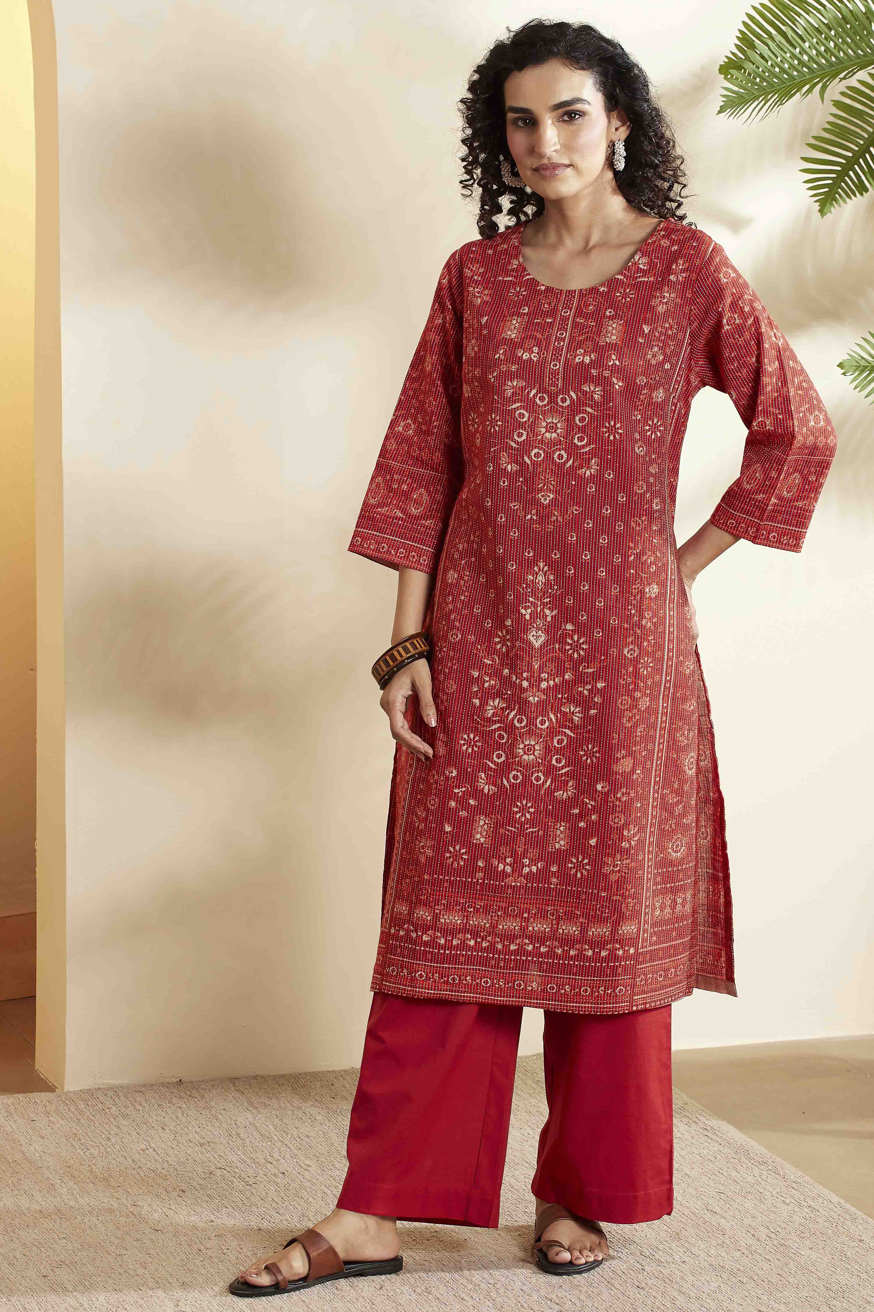 Red Cotton Straight Kurta image number 0