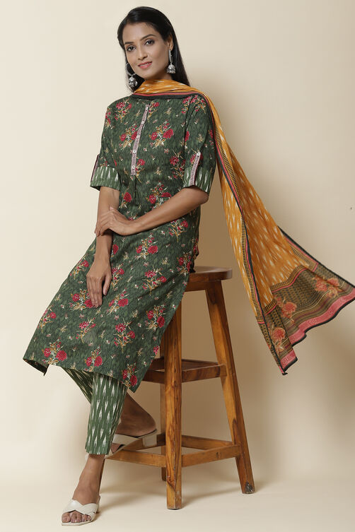 Dark Green Cotton Straight Kurta Slim Pant Suit Set image number 0