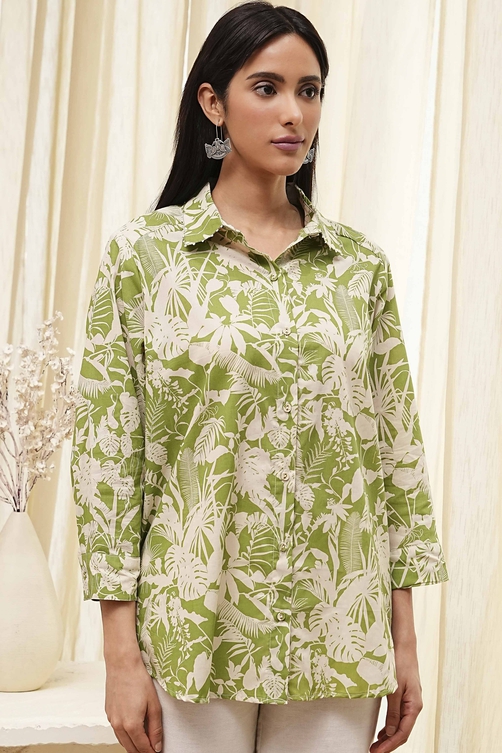 Green Cotton Floral Printed Straight Shirt image number 1