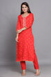 Red Glace Cotton Easy Stitch Suit Set image number 4