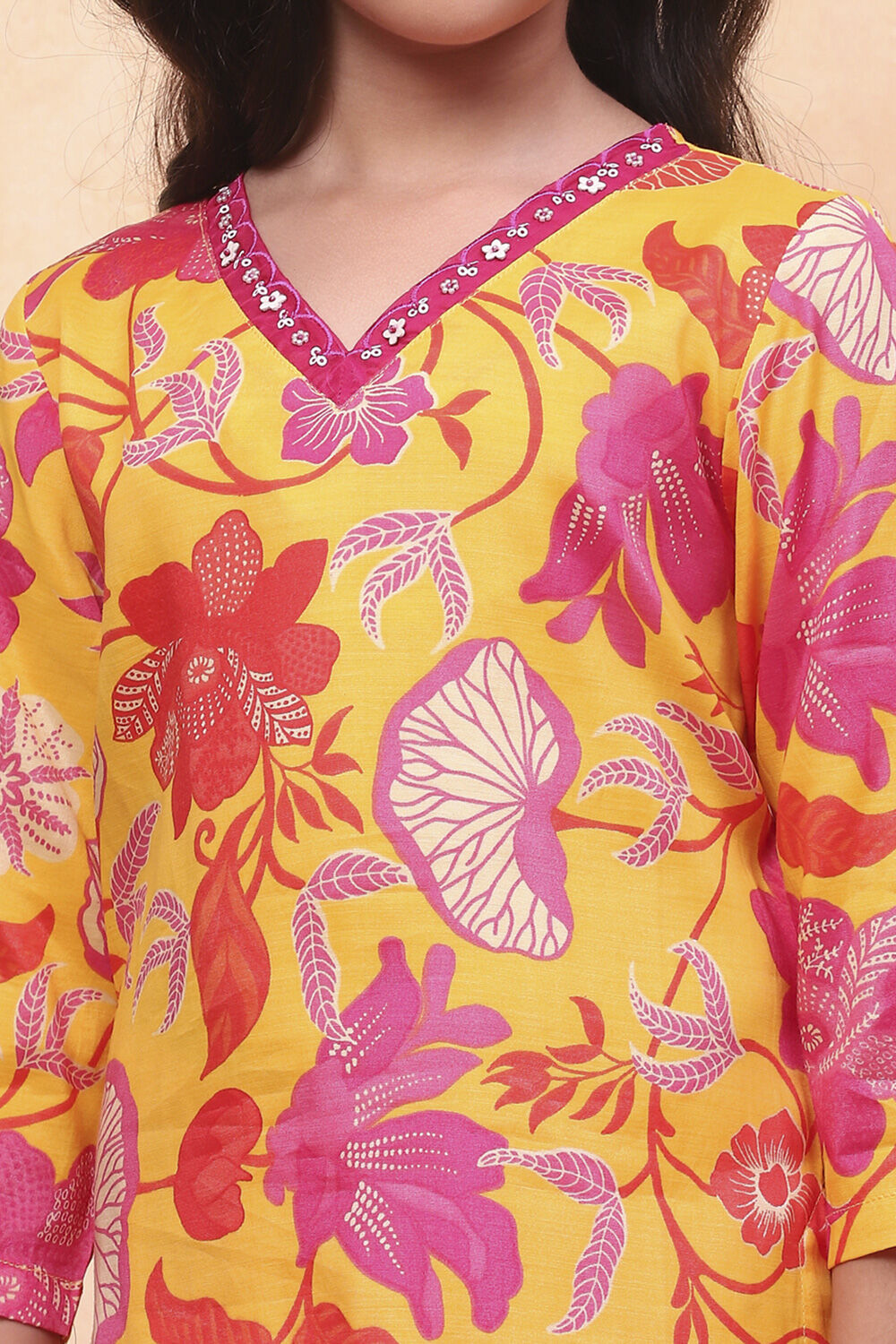 Yellow and Pink Viscose Blend Floral Straight Suit Set image number 1