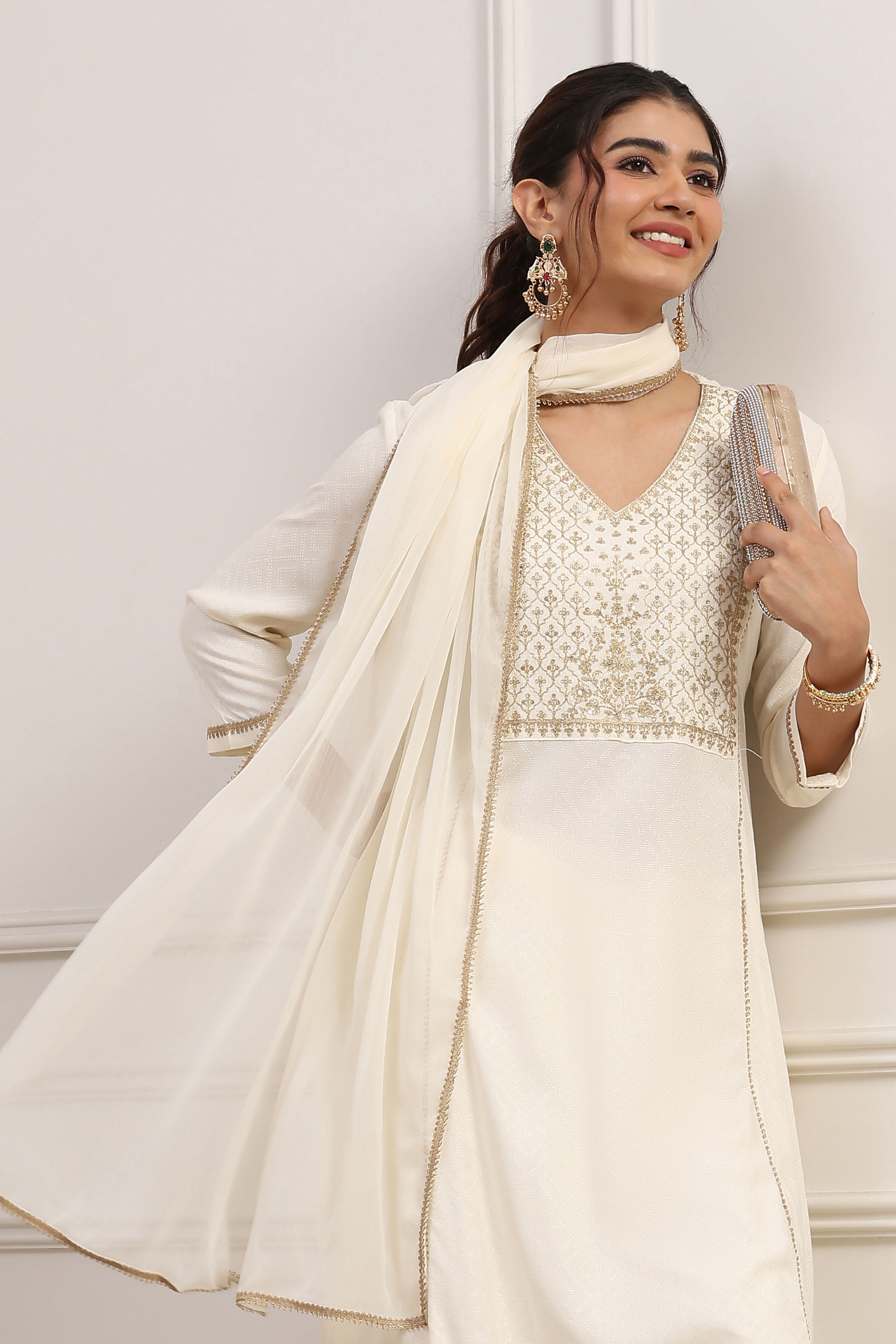 White Viscose Rayon Kalidar Suit Set image number 7