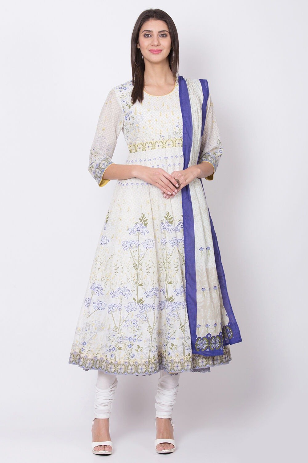 Off White Cotton Anarkali Kurta Churidar Suit Set