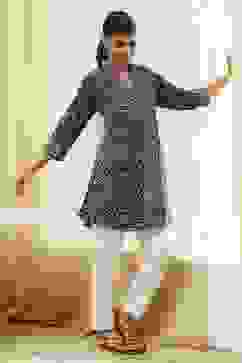 Indigo Cotton Floral Straight Short Kurta image number 0