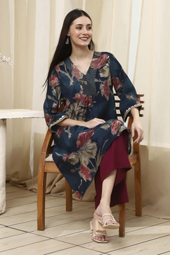 Navy Blue Floral Printed Straight Kurta image number 0