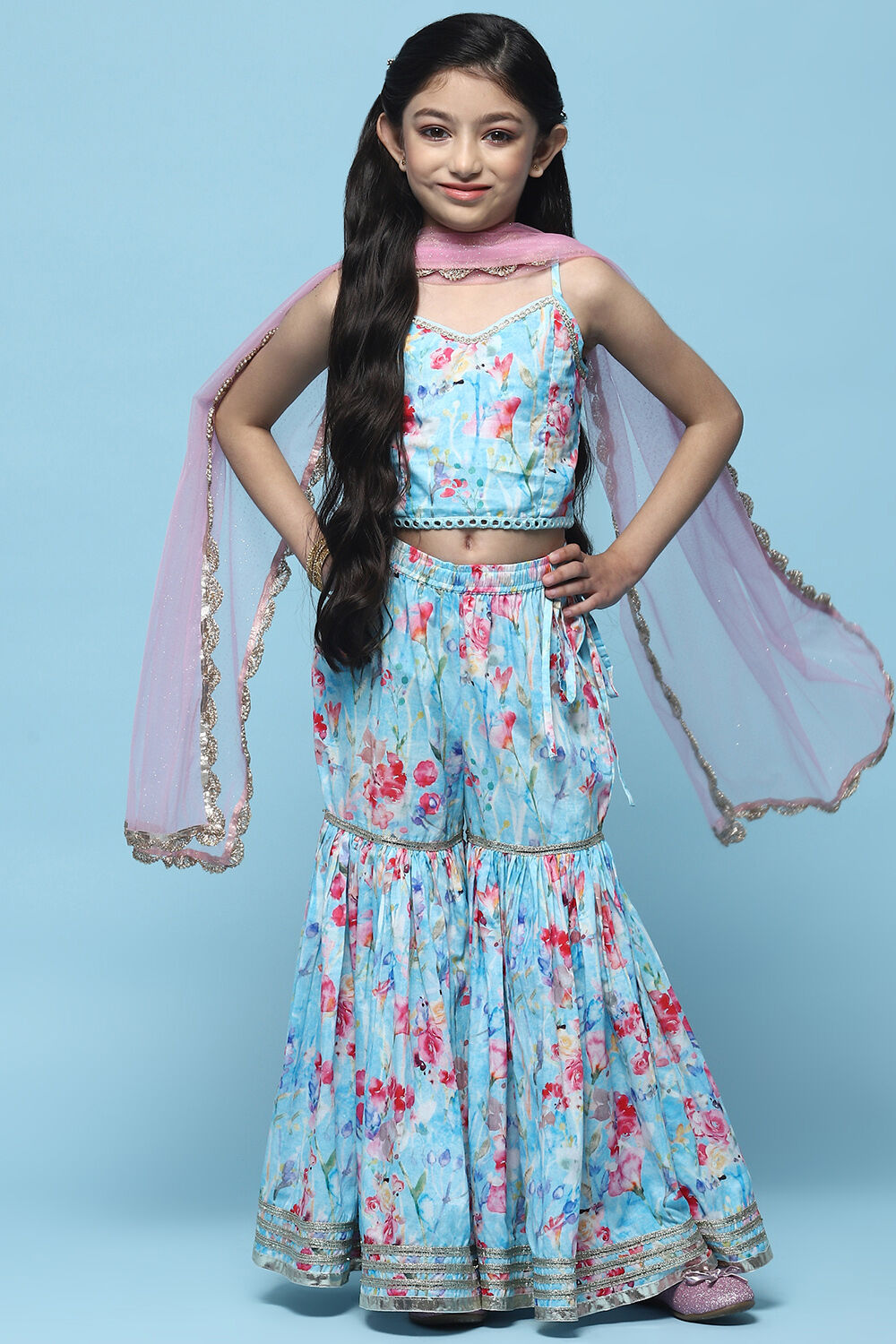 Blue Cotton Printed Blouse And Sharara t With Net Dupatta image number 0