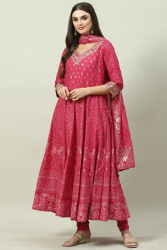 Pink Cotton Anarkali Kurta Churidar Suit Set image number 5