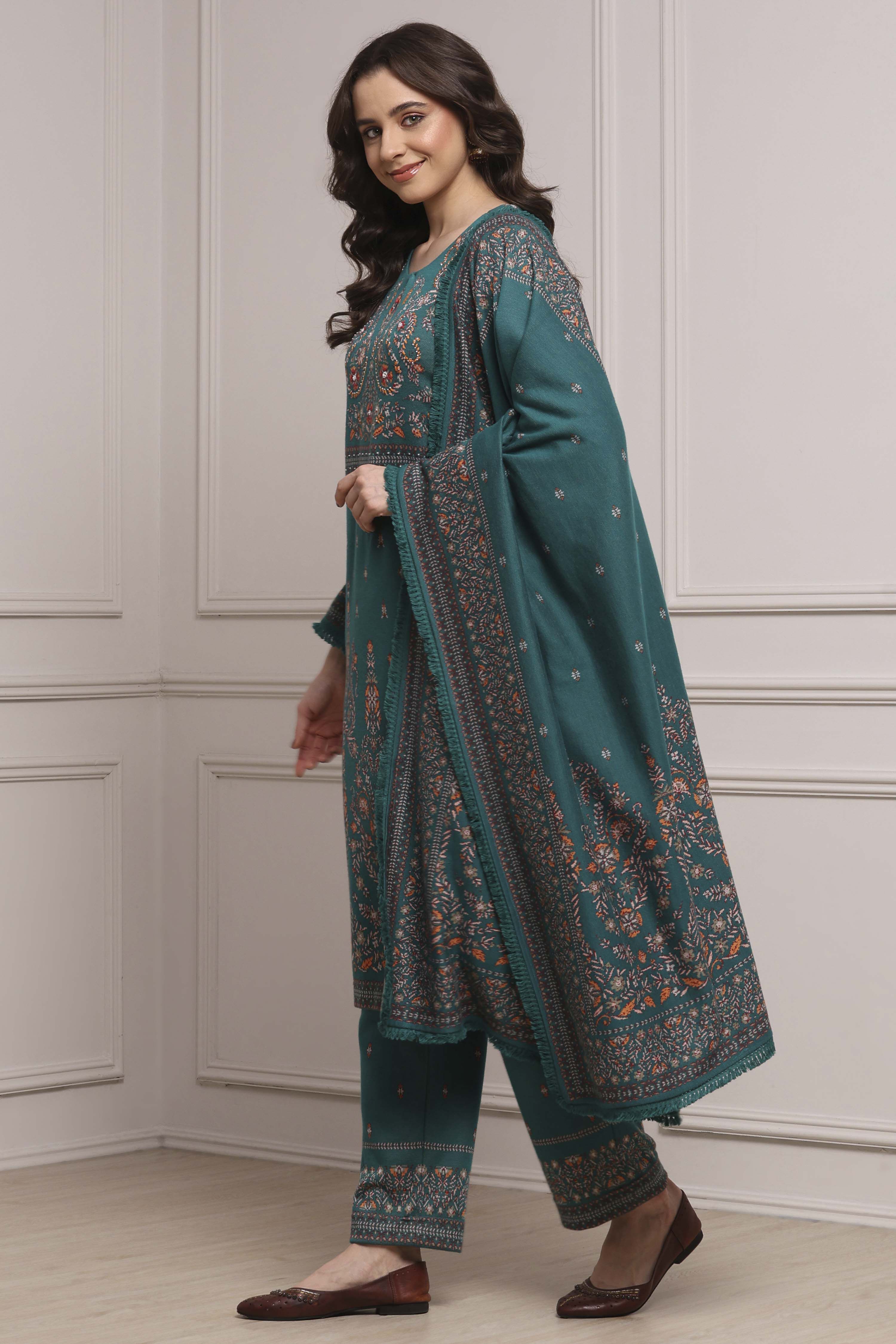 Green Printed Straight Winter Suit Set image number 3